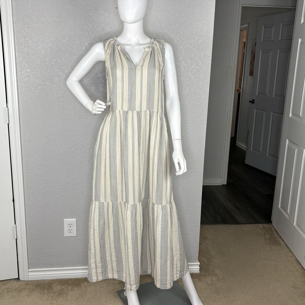 Pact Maxi Dress Tiered Sleeveless Coastal Organic Cotton Ivory Blue Stripe Sz M